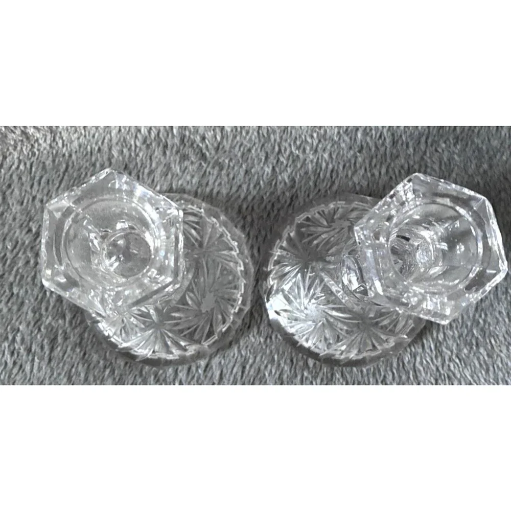 Vintage Cut Glass Crystal Candlestick Holders Set of 2 Starburst Candle Holders